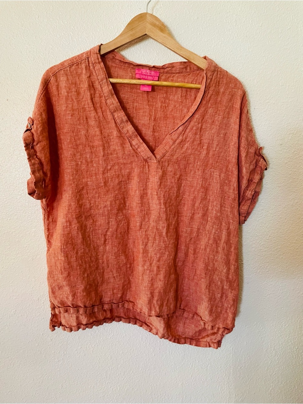 Isaac Mizrahi Orange V-Neck Linen Blouse Size Large